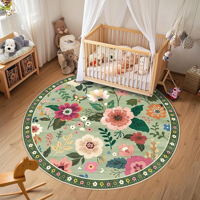 RELEANY Floral Washable Round 8ft Area Rug LightGreen | Flower Carpet Print - Image 9