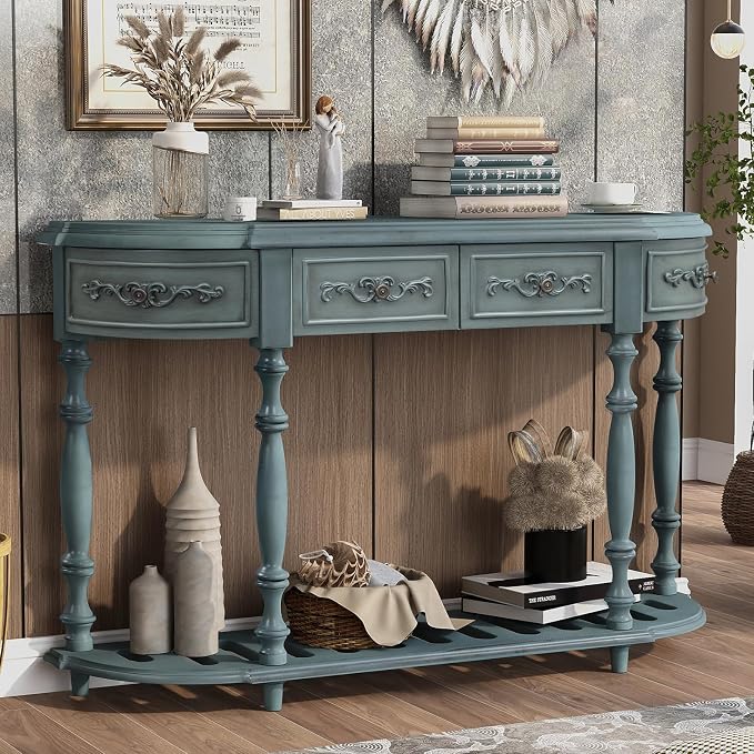 Retro Curved Console Table, Antique Blue by HMFULE