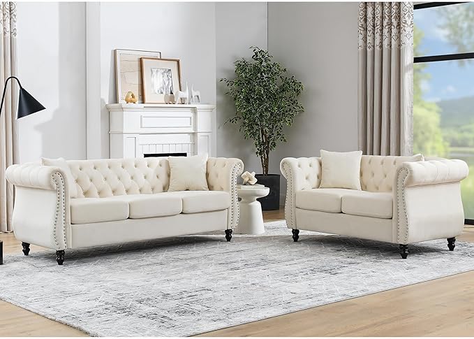 2 Piece Chesterfield Velvet Combination Sofa by Unknown