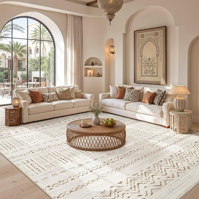 cotiled 10x12 Area Rugs Washable Boho Living Room Rug Brown/Cream | Stain - Image 5