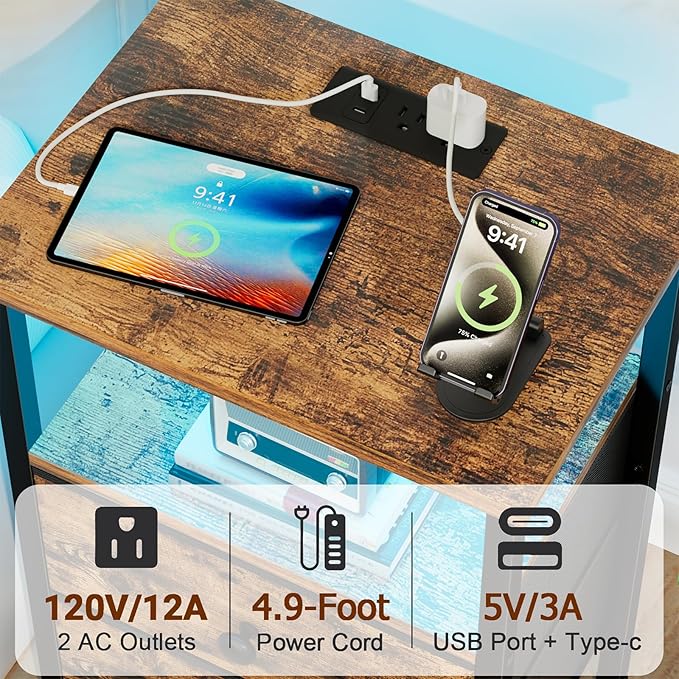 LOAKEKEL Night Stand with Charging Station, Small Bedside Table with USB Ports - Image 5