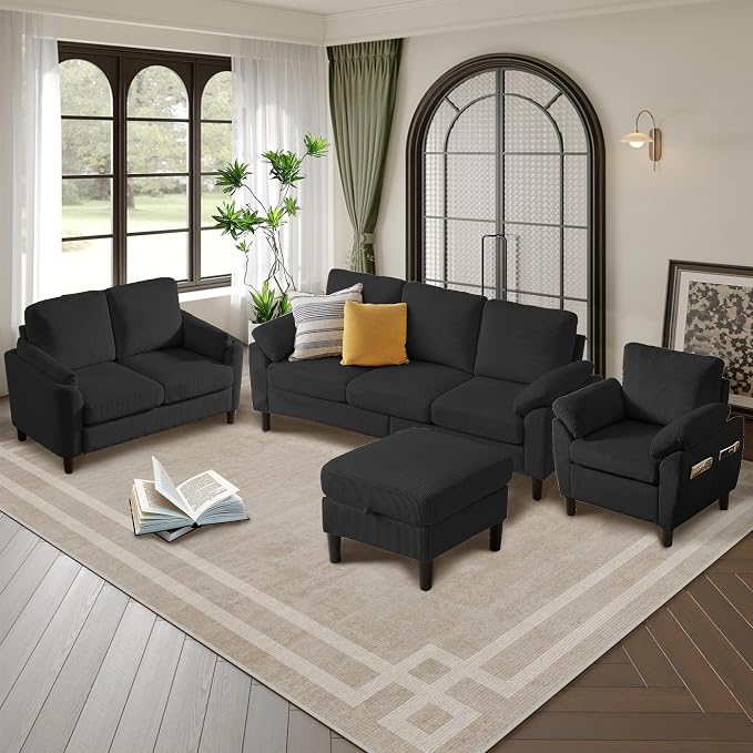 4 Piece Modern Corduroy Sofa Set, L-Shaped Sectional Couch - Image 4