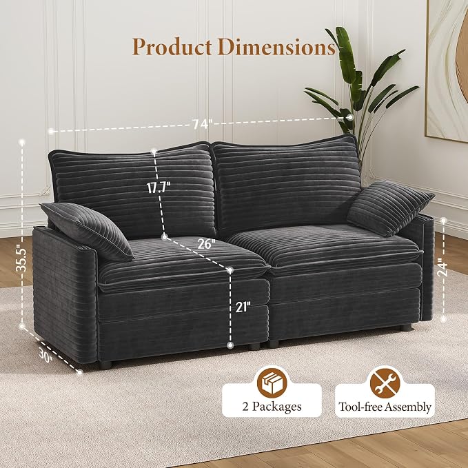 Vesgantti 74" Cloud Couch for Living Room, 2 Seaters Deep Seat Sectional - Image 2