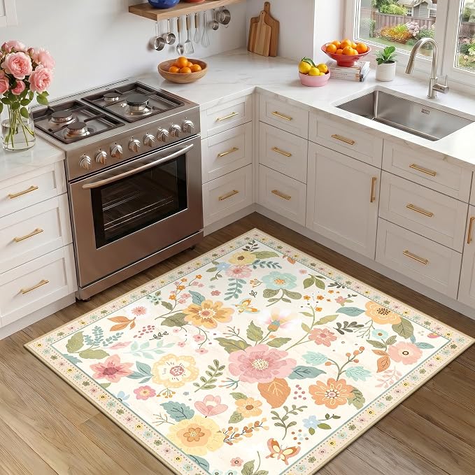 RELEANY Floral Washable Square 5ft Area Rug Beige/White/Orange | Flower Carpet - Image 2