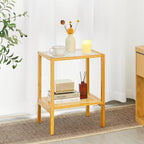 2-Tier Bamboo Side Table, Modern Glasstop Rattan Side Table, Mid Century Wood - Image 6