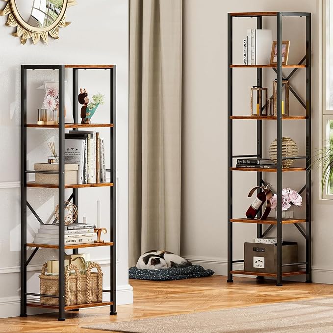 Furologee 5 Tier Tall Bookshelf, Rustic Narrow Bookcase, Display Standing Shelf - Image 6