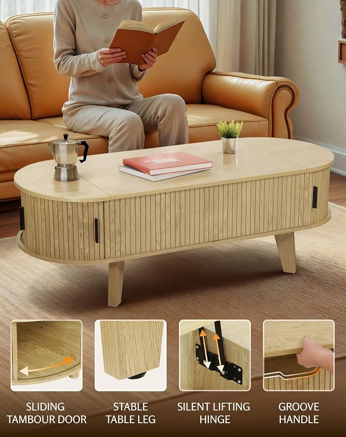 Oval Coffee Table with Storage, 47.2" Lift Top Coffee Table - Image 3