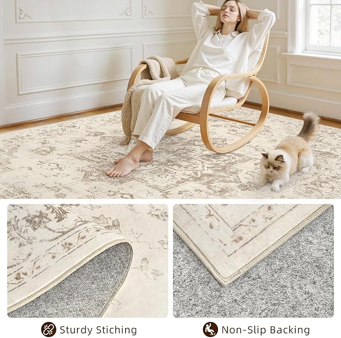 Area Rugs 9x12 Living Room: Bedroom Washable Carpet Beige/Ivory | Vintage Boho - Image 4