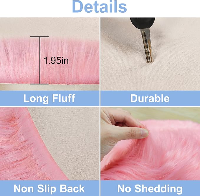 Pink Round Rug for Girls Bedroom, Fluffy Circle Rug 2 2 Feet for Kids Room - Image 4