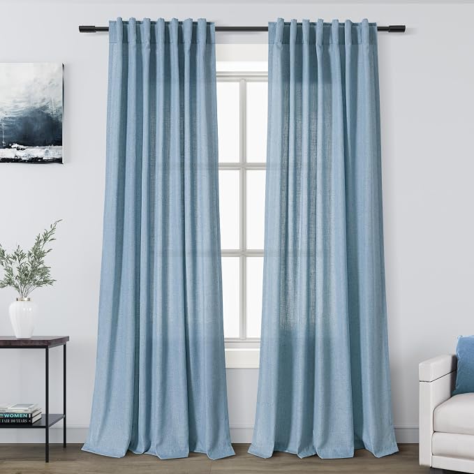 Blue Semi Sheer Linen Curtains 84 inch Length by Nanspring