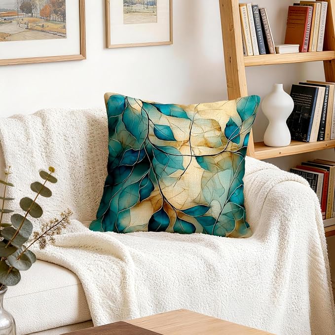 OBSEDE Teal and Gold Leaf Decorative Throw Pillow Covers 18x18 Set of 4 - Image 8