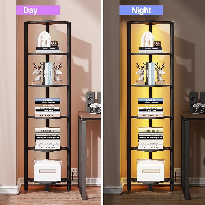 TUTOTAK Corner Shelf with LED Light, 6-Tier Corner Bookshelf - Image 5