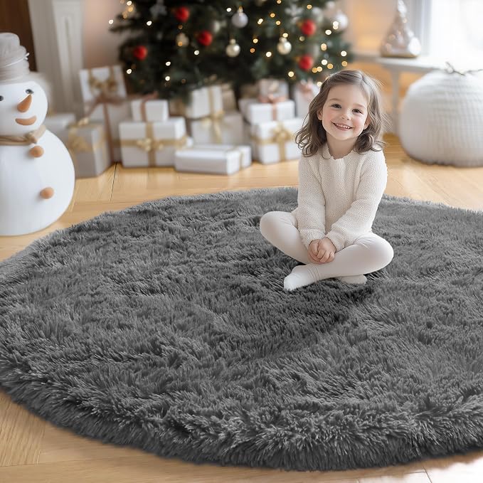 Amdrebio Grey Furry Big Round Area Rug 6Ft - Image 3
