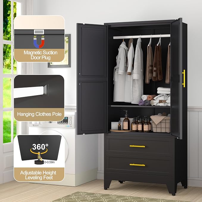 GAIOUS Steel Armoire Wardrobe Closet, 1 Adjustable Shelf and 2 Drawers - Image 5