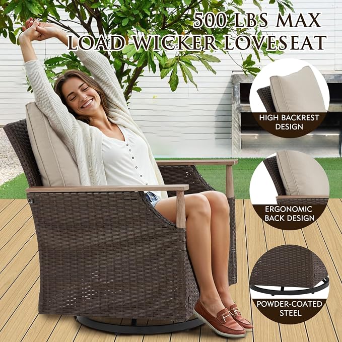 MELLCOM Patio Swivel Glider Rocker Chairs Set Wicker 5 Piece Patio Furniture - Image 8