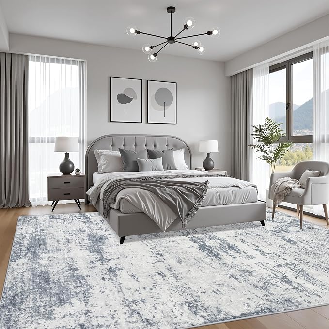 10x14 Area Rug Living Room: Modern Washable Soft Carpet Blue Grey | - Image 3