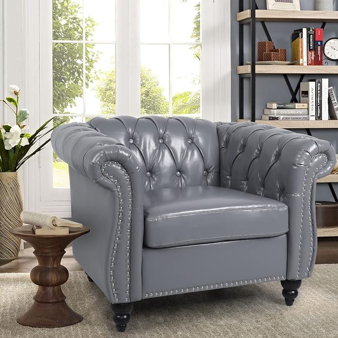 LEVNARY Leather Upholstered Armchair, Mid-Century Modern Single Sofa Chair - Image 6