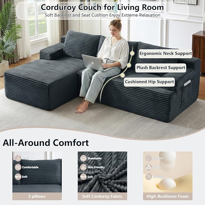 96" Cloud Sectional Couch with L-Shape Chaise, Modular Comfy Sofa Chaise Longue - Image 3