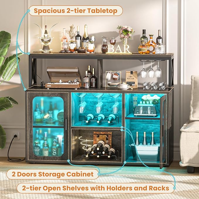 Aheaplus Bar Cabinet with Power Outlets, Liquor Cabinet with Led Lights and - Image 7
