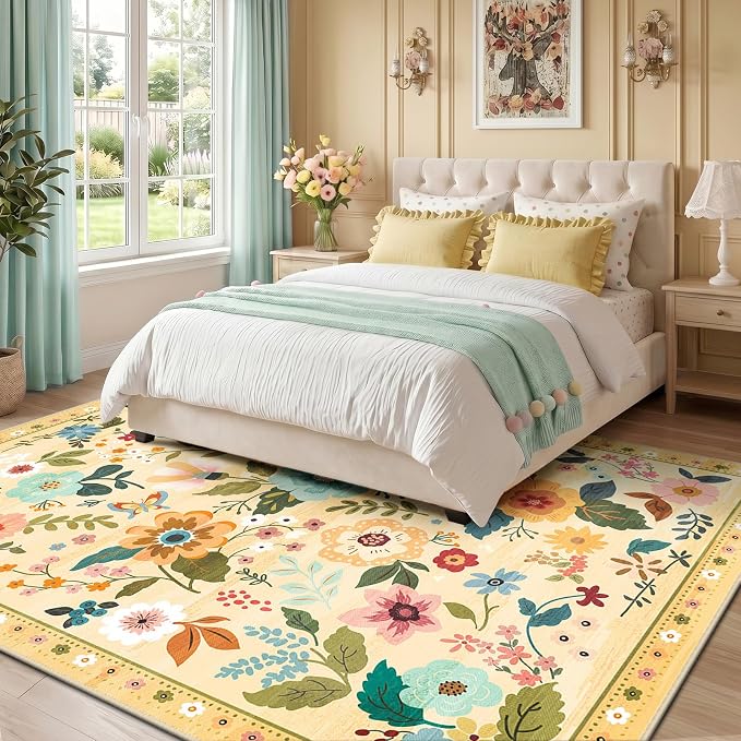 RELEANY Floral Washable 8x10 Area Rugs Ivory/Yellow | Flower Carpet Print Boho - Image 8