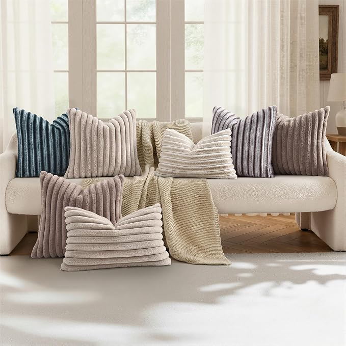 decorUhome Fall Faux Fur Throw Pillow Covers 24x24 Set of 2 Beige White | - Image 5