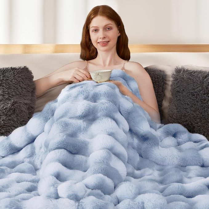 Luxury 1000GSM Rabbit Faux Fur Blanket, Super Heavy Warm Cozy Brown Blankets - Image 6