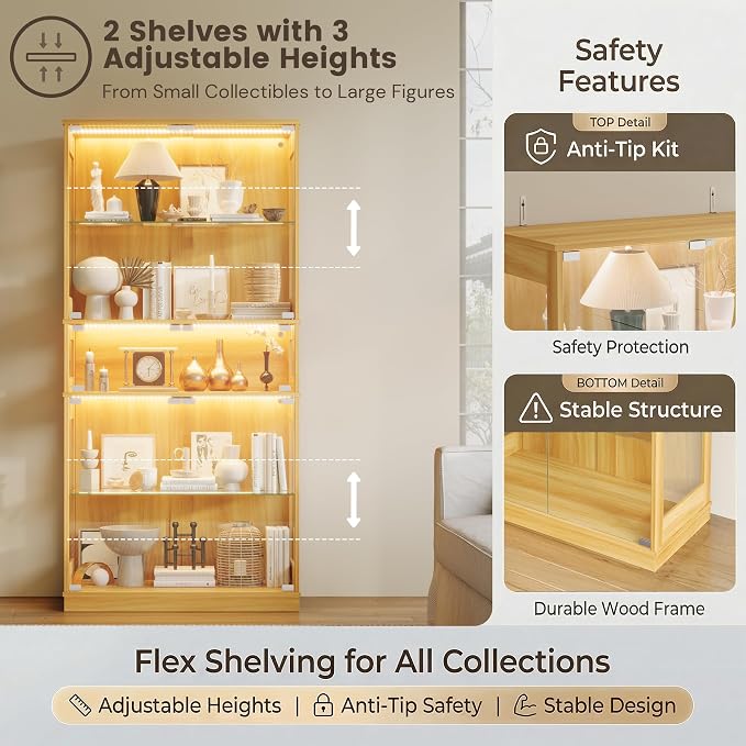 Display Cabinet with Glass Doors & LED Lights, 5 Tier Lighted Display Case - Image 5