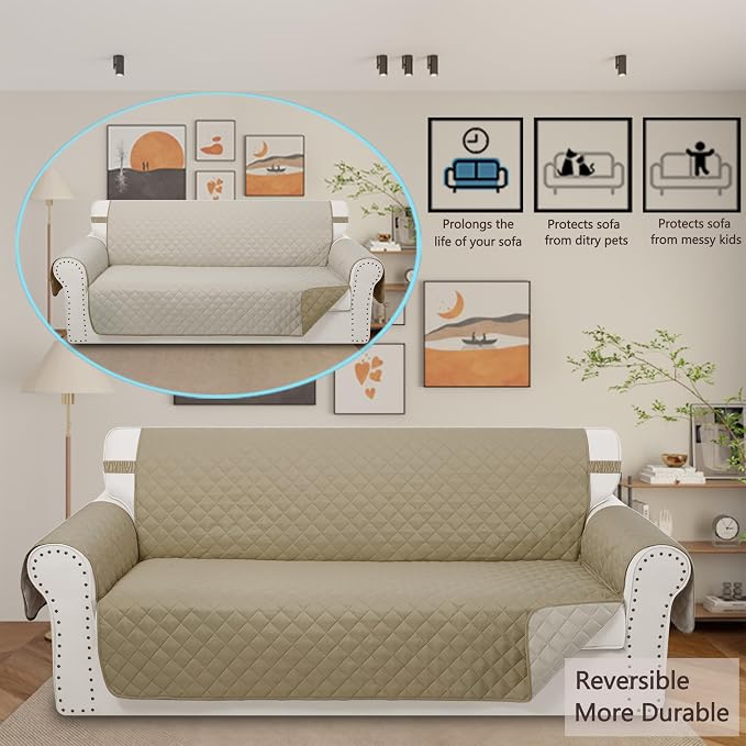 Reversible 4 Seater Sofa Cover 91" Large, Camel/Beige | Couch Cover Furniture - Image 2