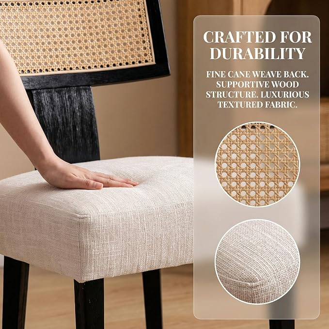 HNY Mid Century Modern Rattan Dining Chairs Set of 6, Farmhouse Linen - Image 6