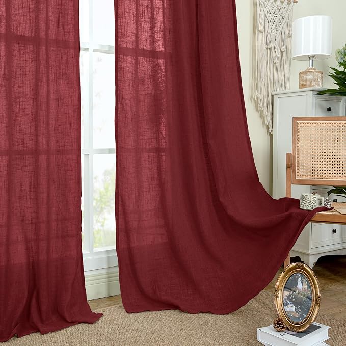 54 Inch Semi Sheer Window Linen Curtains, Light Filtering Panels | Faux Linen - Image 9