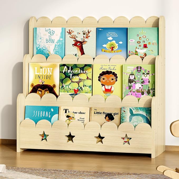 EXPERLAM Scalloped Kids Bookshelf, 3-Tier Front Facing Toddler Bookshelf by EXPERLAM