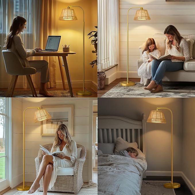 Oneach Arc Floor Lamp for Living Room, Rattan Boho Floor Lamp - Image 8