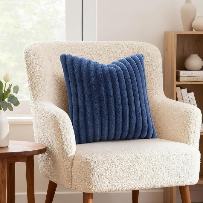 decorUhome Fall Faux Fur Throw Pillow Covers 18x18 Set of 2 Navy Blue | - Image 4