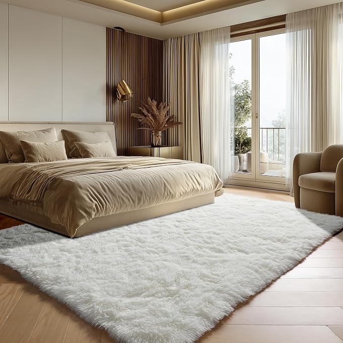 Cream White Area Rugs 9x12 Living Room, Ivory Large Fluffy Shag Bedroom Rug - Image 4