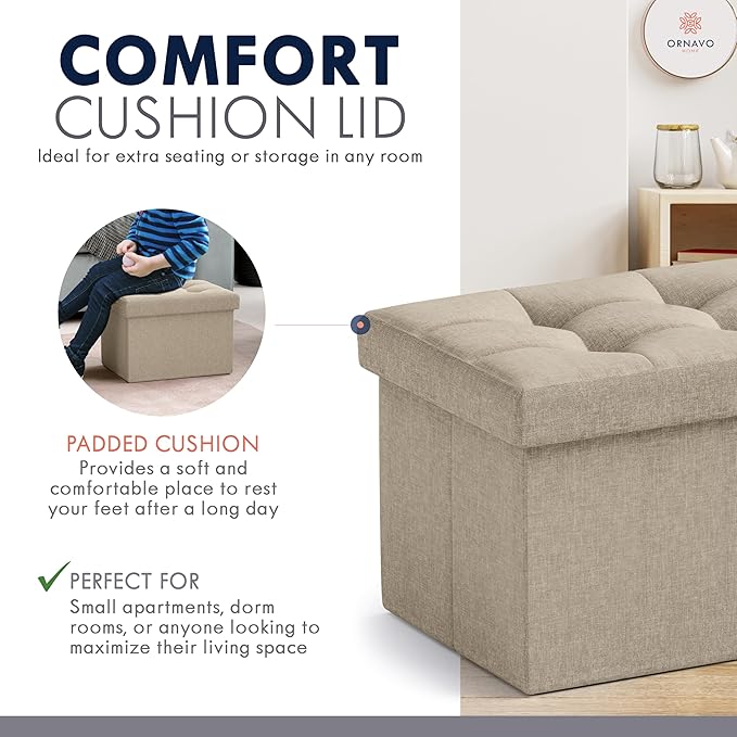 Ornavo Home Small Storage Ottoman Foldable Collapsible Rectangle Linen Ottoman - Image 6