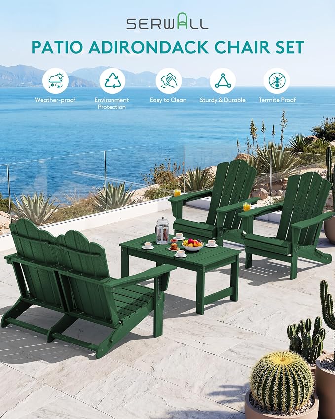 SERWALL Folding Adirondack Bench, HDPE All-Weather Adirondack Loveseat - Image 2