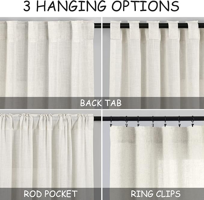 Cream Linen Back Tab Rod Pocket Curtains 52 Inch Length - Image 2