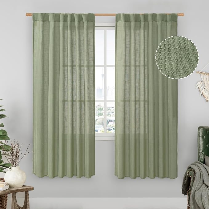 Sage Green Light Filtering Linen Curtains 68 inches Long by LAMIT