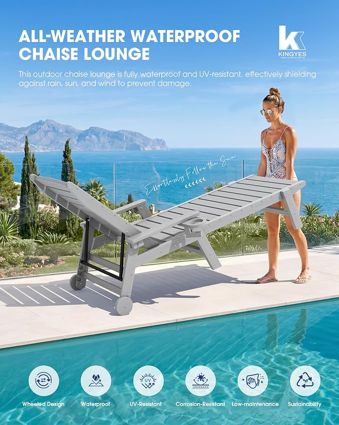 KINGYES HDPE Lounge Chair Outdoor Set of 4, Patio Chaise Lounge Recliner - Image 7