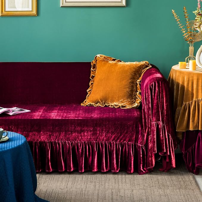 GLORY SEASON Velvet Sofa Cover Soft Decorative Luxurious Solid Exquisite Ruffle - Image 3