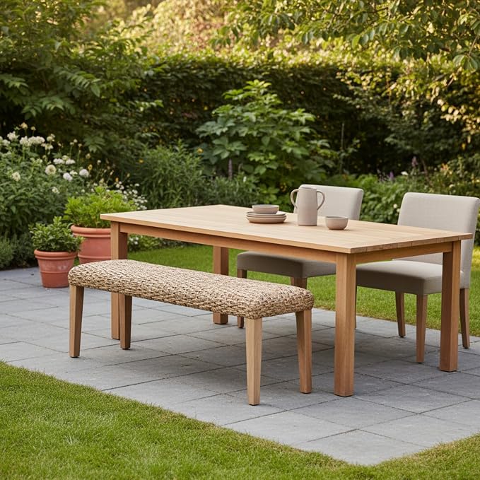 Outdoor Backless Bench, All-Weather Wicker & Solid Acacia Wood, Premium Garden - Image 7
