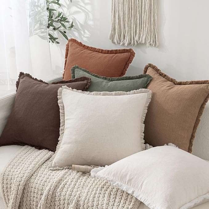 MIULEE Linen Fringe Decorative Fall Euro Pillow Covers Dark Brown 22x22 | Set - Image 5
