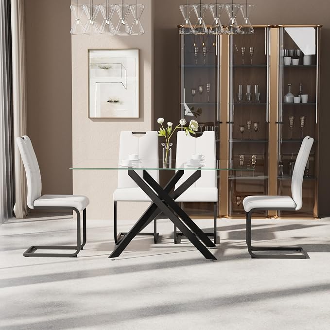 5-Piece Dining Table Set for 4, Modern Rectangular Glass Table - Image 3