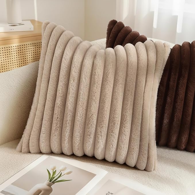 decorUhome Fall Faux Fur Throw Pillow Covers 18x18 Set of 2 Dark Brown | - Image 6