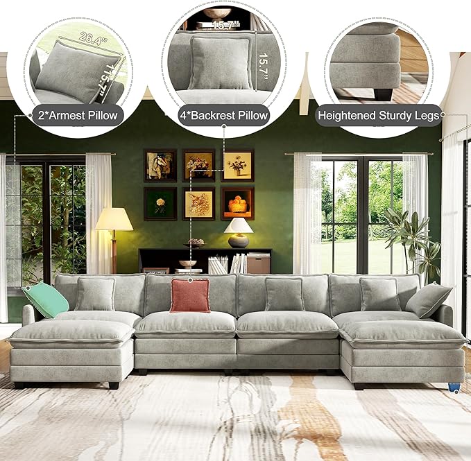146" Cloud Couch Sectional, U Shaped Modular Sectional Sofa, 4-Seat Deep Seat - Image 3