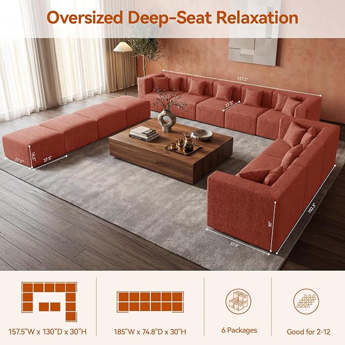 MONVANE Modular Sectional Sofa, Oversized 12 Seat Convertible U Shaped Couch - Image 3