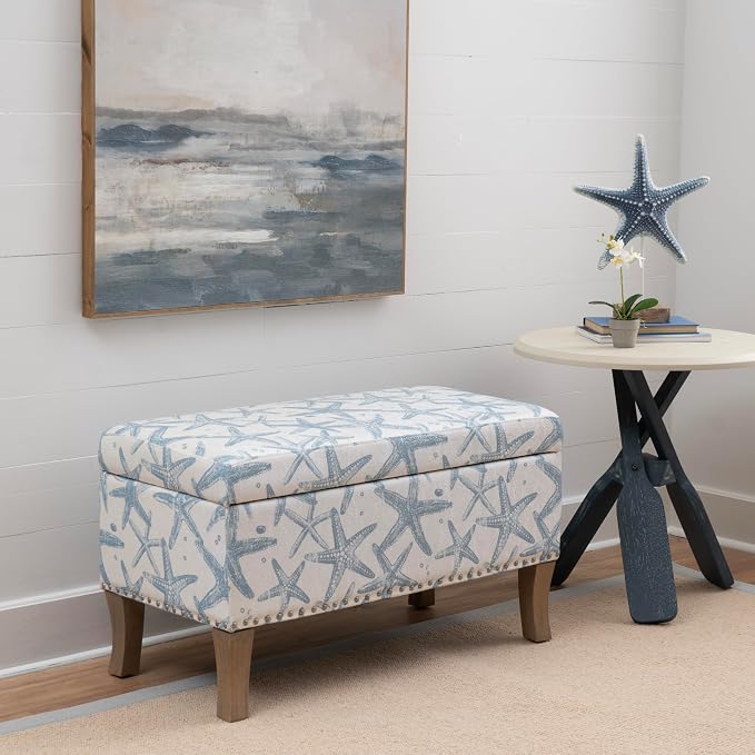 Linon Stephanie Cream and Light Blue Starfish Fully Upholstered Bench - Image 2