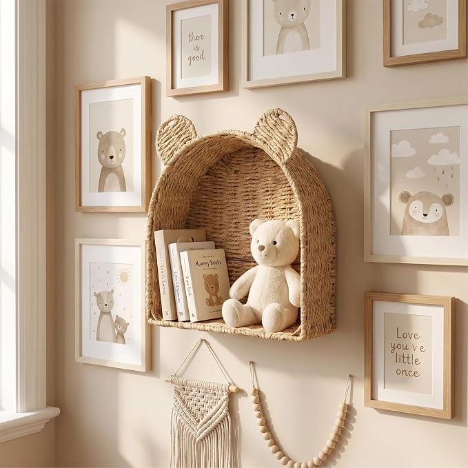 Arched Bear Nursery Wall Shelf, Handwoven Wicker Nursery Shelf - Image 3