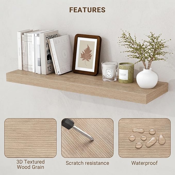 Acovy 40 Inch Floating Shelves, 3D Textured Wood Grain, Wooden Shelves - Image 4