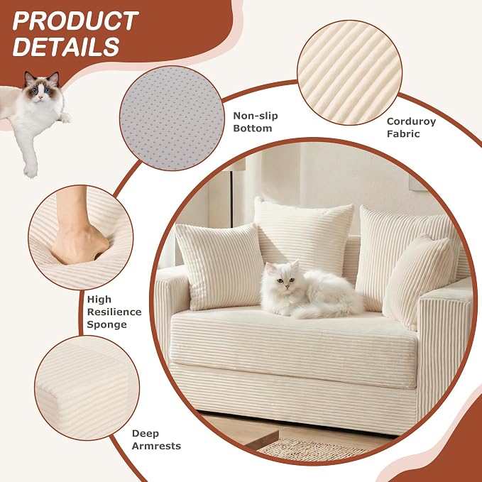Convertible 5 in 1 Futon Sofa Bed Full Size, Corduroy Boneless Couch Sleeper - Image 3